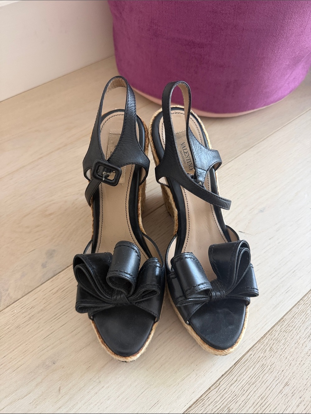 Valentino Black Leather Bow Espadrille Wedges with Ankle Strap